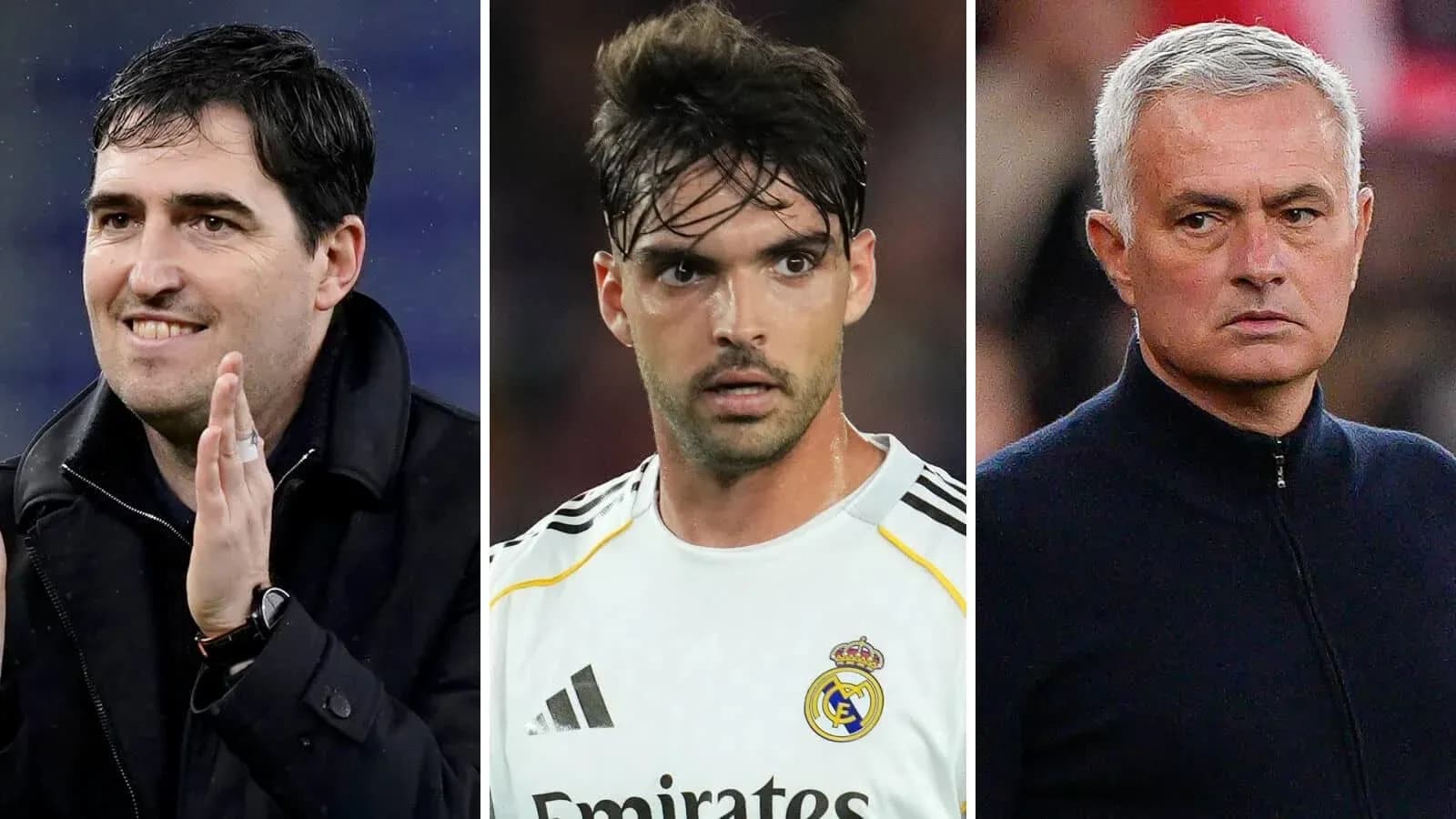 Tres entrenadores de fútbol en diferentes poses