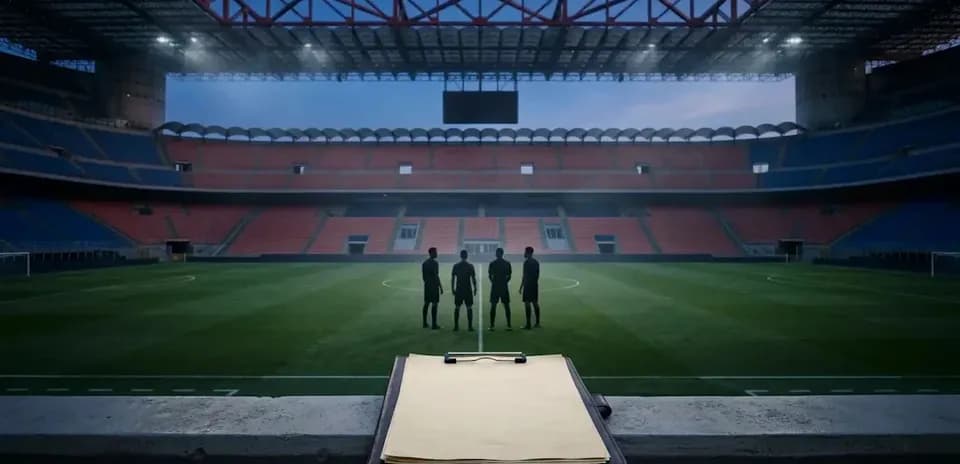 Árbitros discutiendo en el campo vacío del estadio