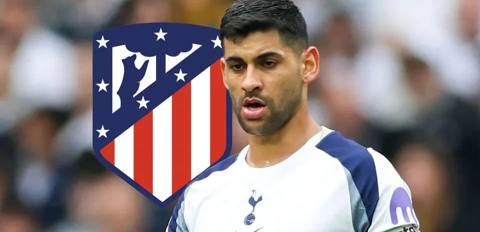 Jugador de Tottenham con escudo de Atlético de fondo