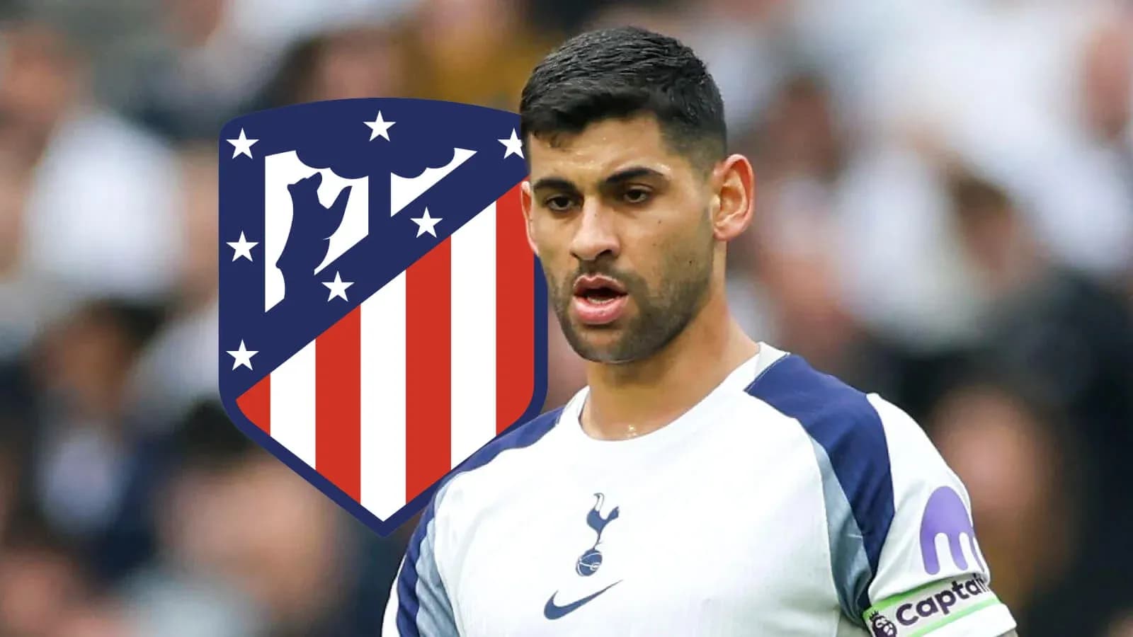 Jugador de Tottenham con escudo de Atlético de fondo