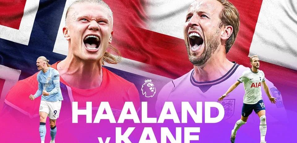 Haaland y Kane con banderas de Noruega e Inglaterra