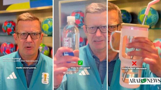 Heimo Schürgi mostrando botellas permitidas y no permitidas