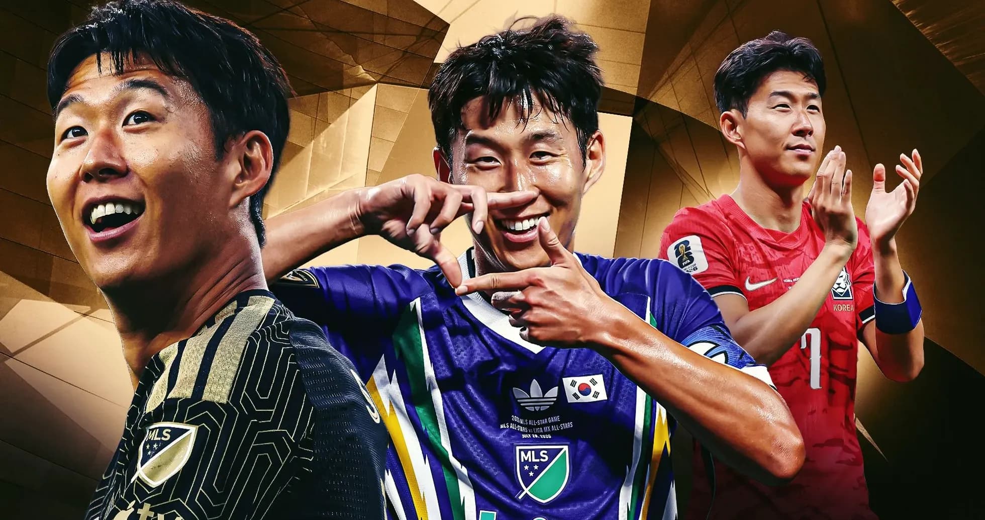 Tres jugadores de fútbol posando en fondo dorado