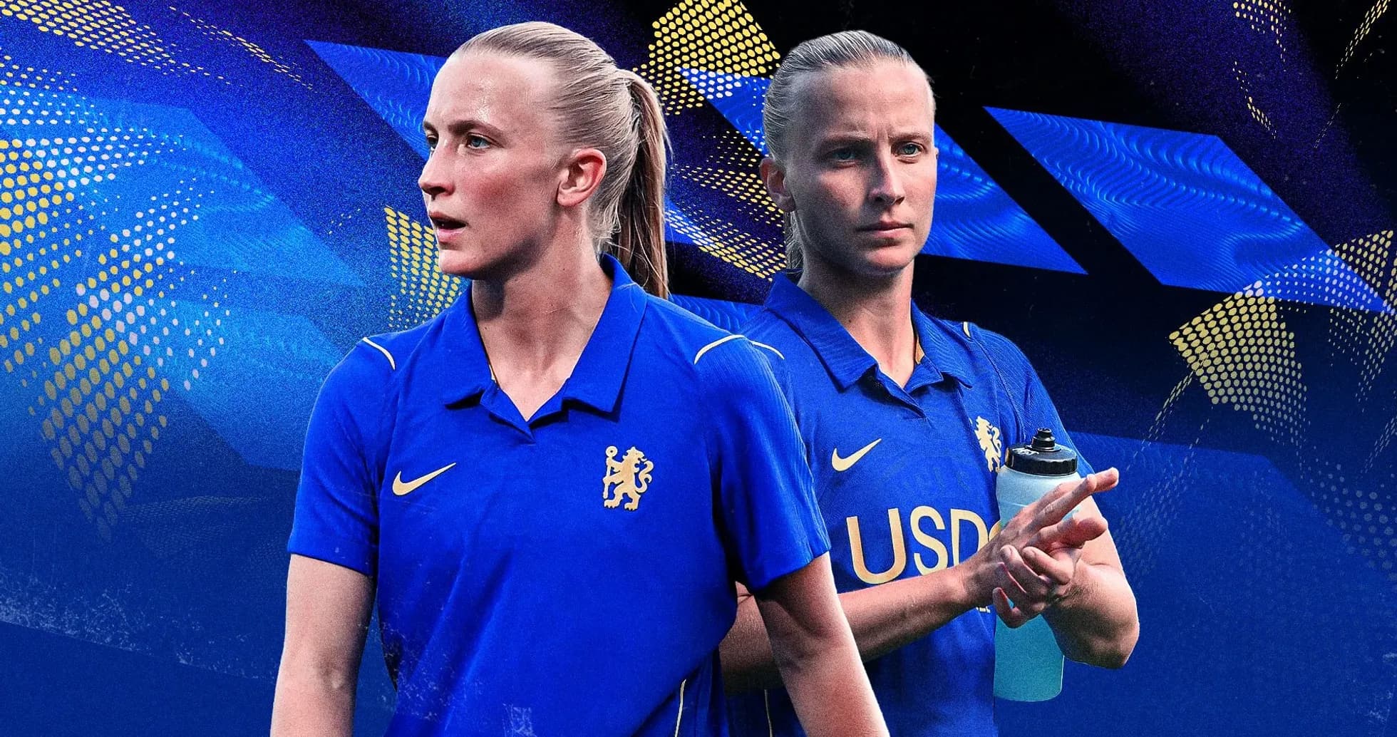 Jugadora de fútbol en camiseta azul del Chelsea