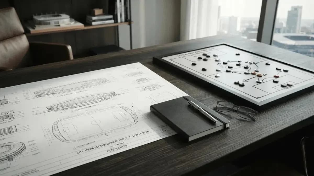 Planos y tablero táctico en una mesa de oficina
