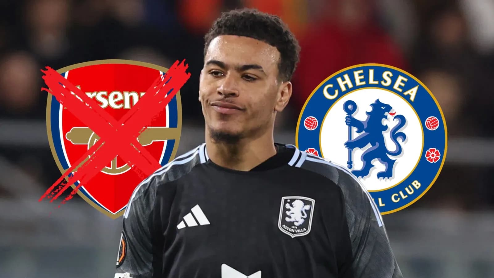 Jugador de Aston Villa con logotipos de Arsenal y Chelsea