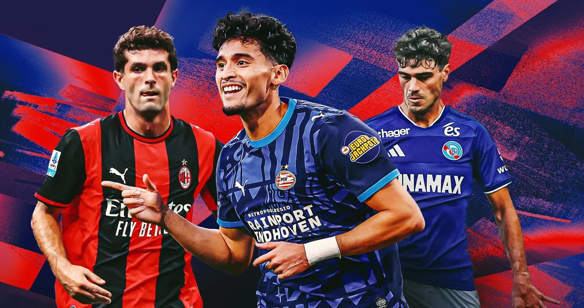Tres jugadores de fútbol con camisetas de diferentes equipos