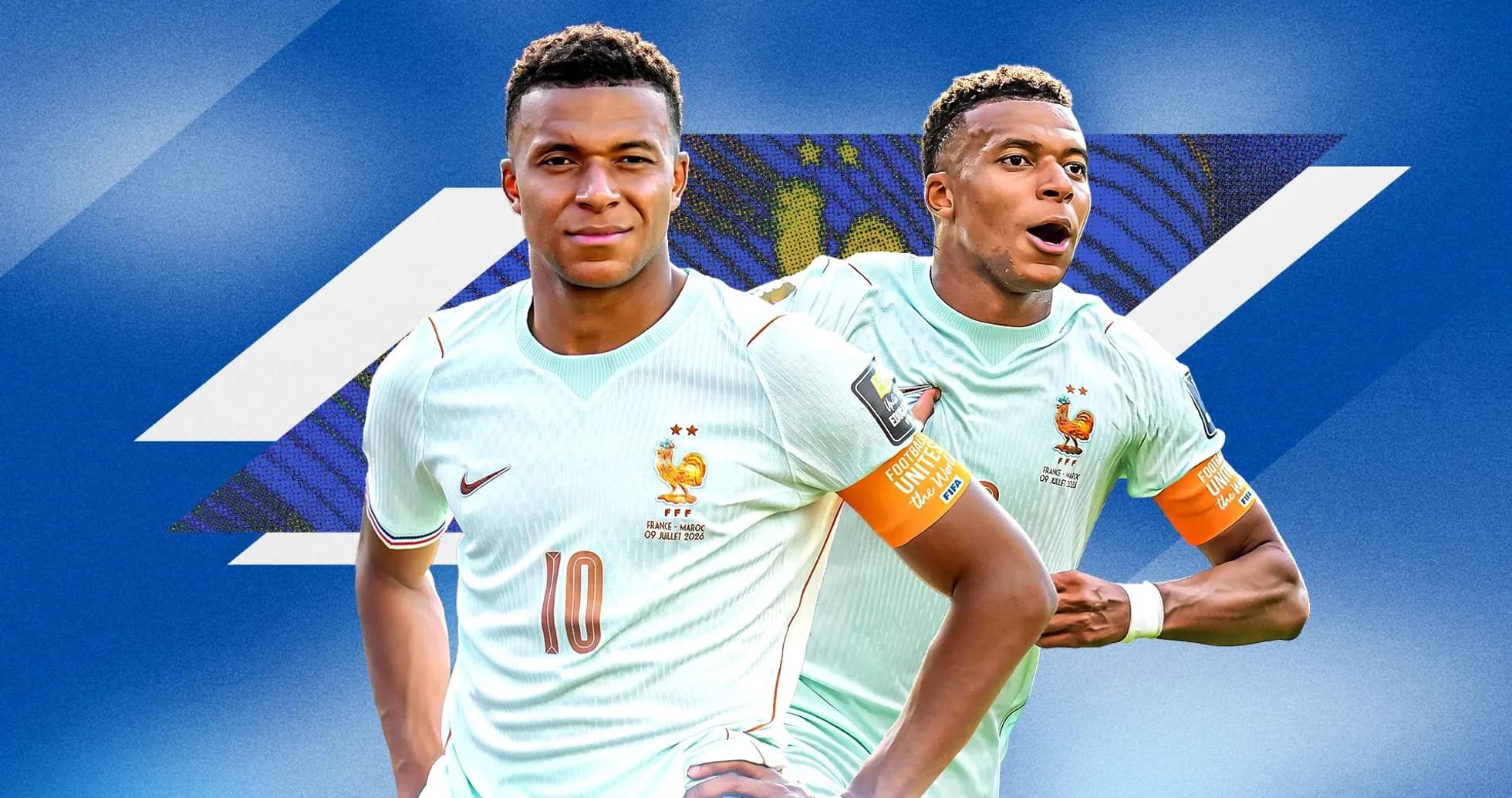 Kylian Mbappé en uniforme de Francia con fondo azul