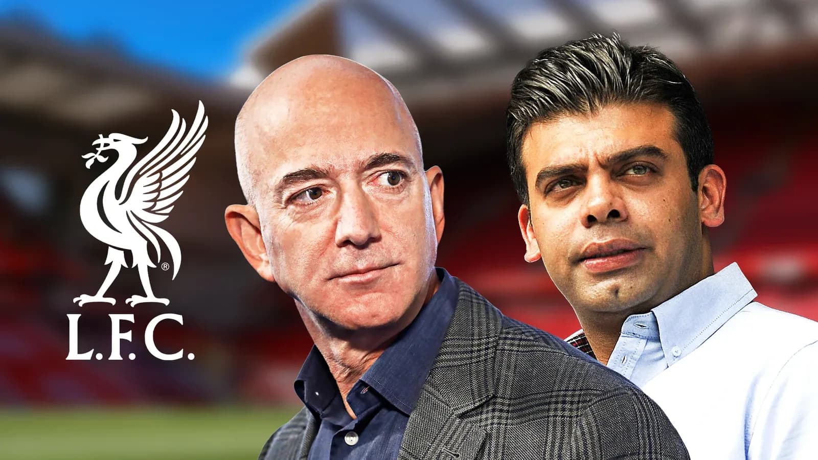 Jeff Bezos y otro ejecutivo frente al estadio de Liverpool