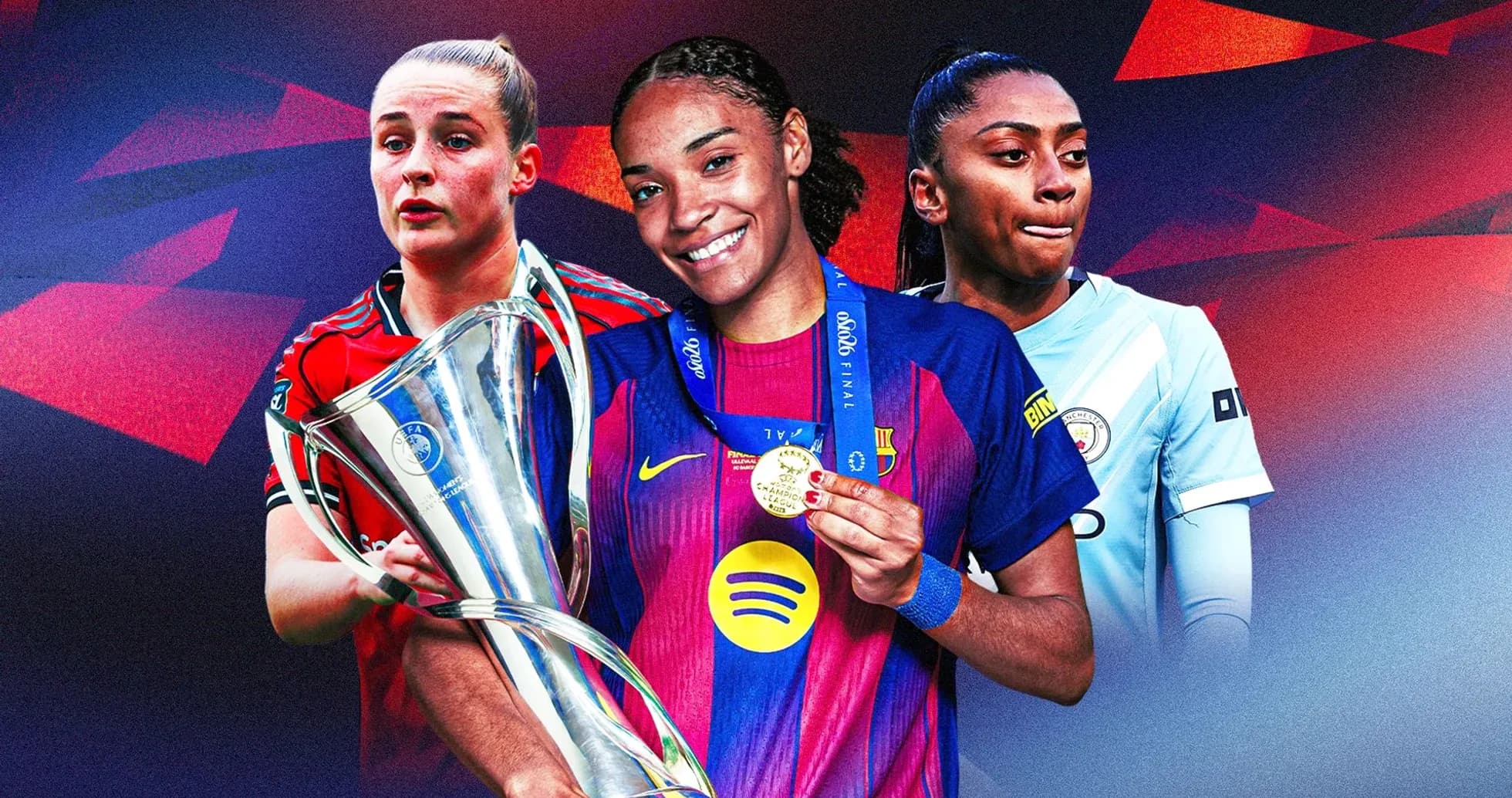 Tres jugadoras de fútbol con trofeo y medallas