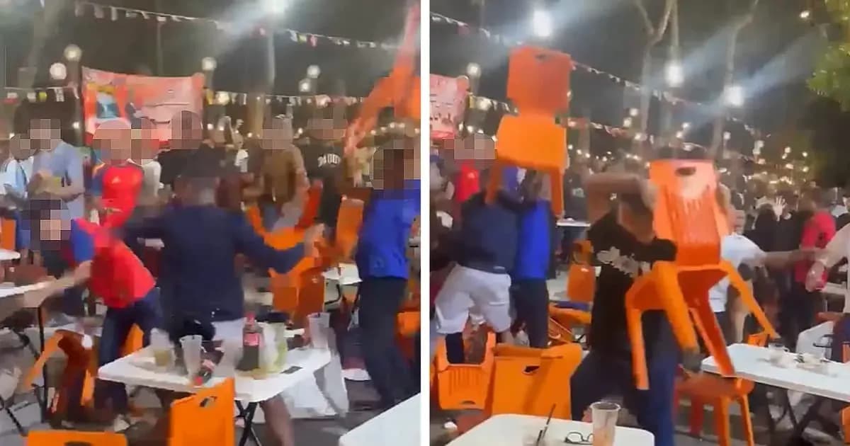 A chaotic scene with people throwing chairs in a bar