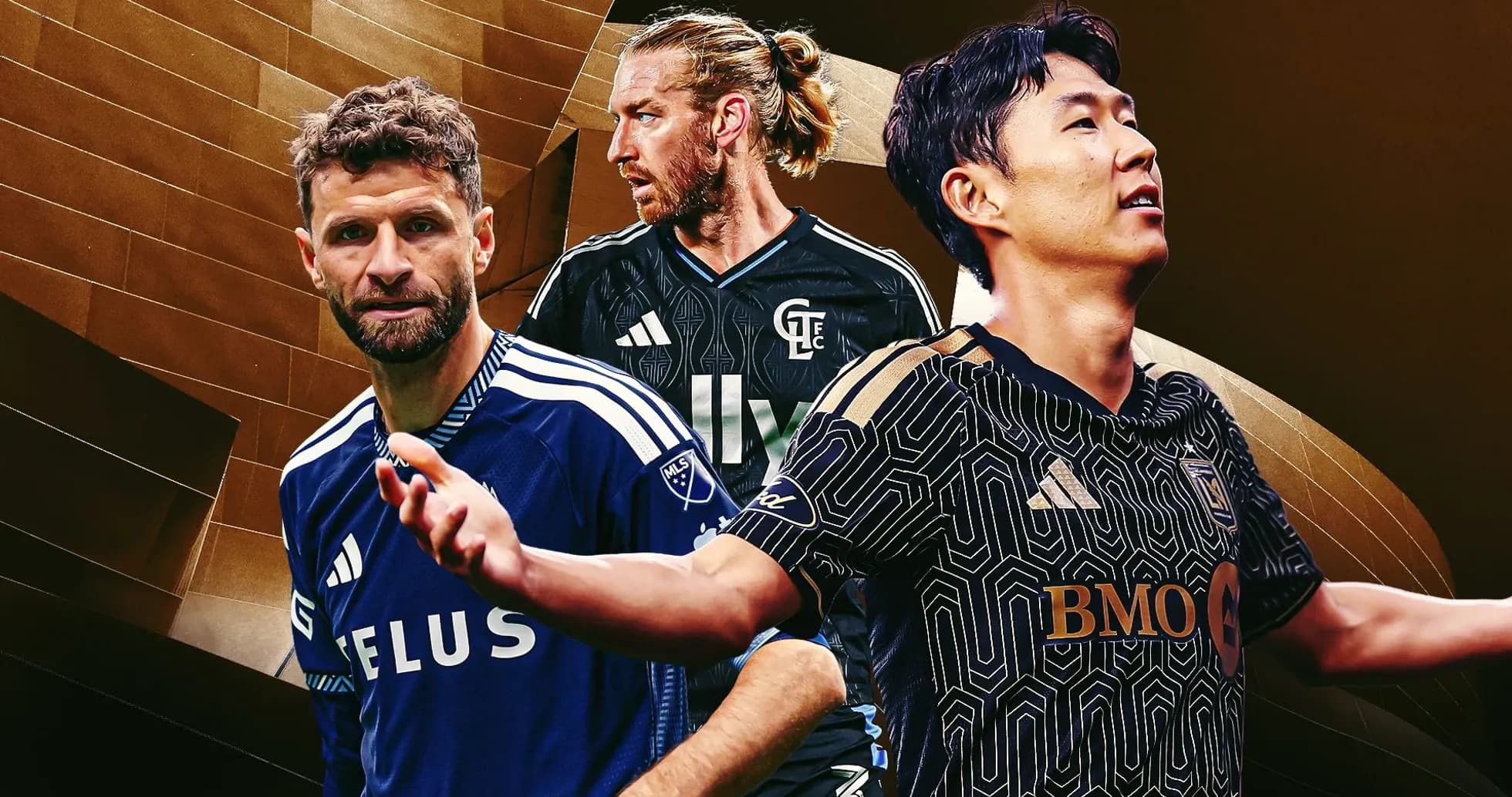 Tres jugadores de fútbol en acción con fondos artísticos