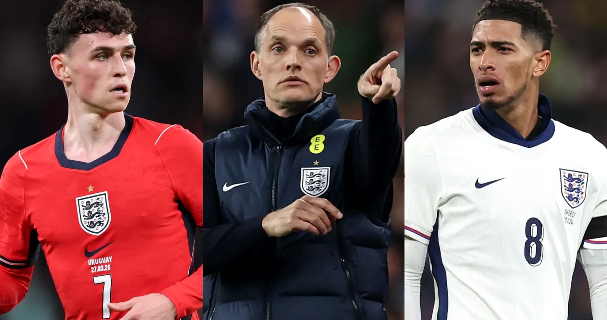 Tres jugadores de Inglaterra en el campo de fútbol