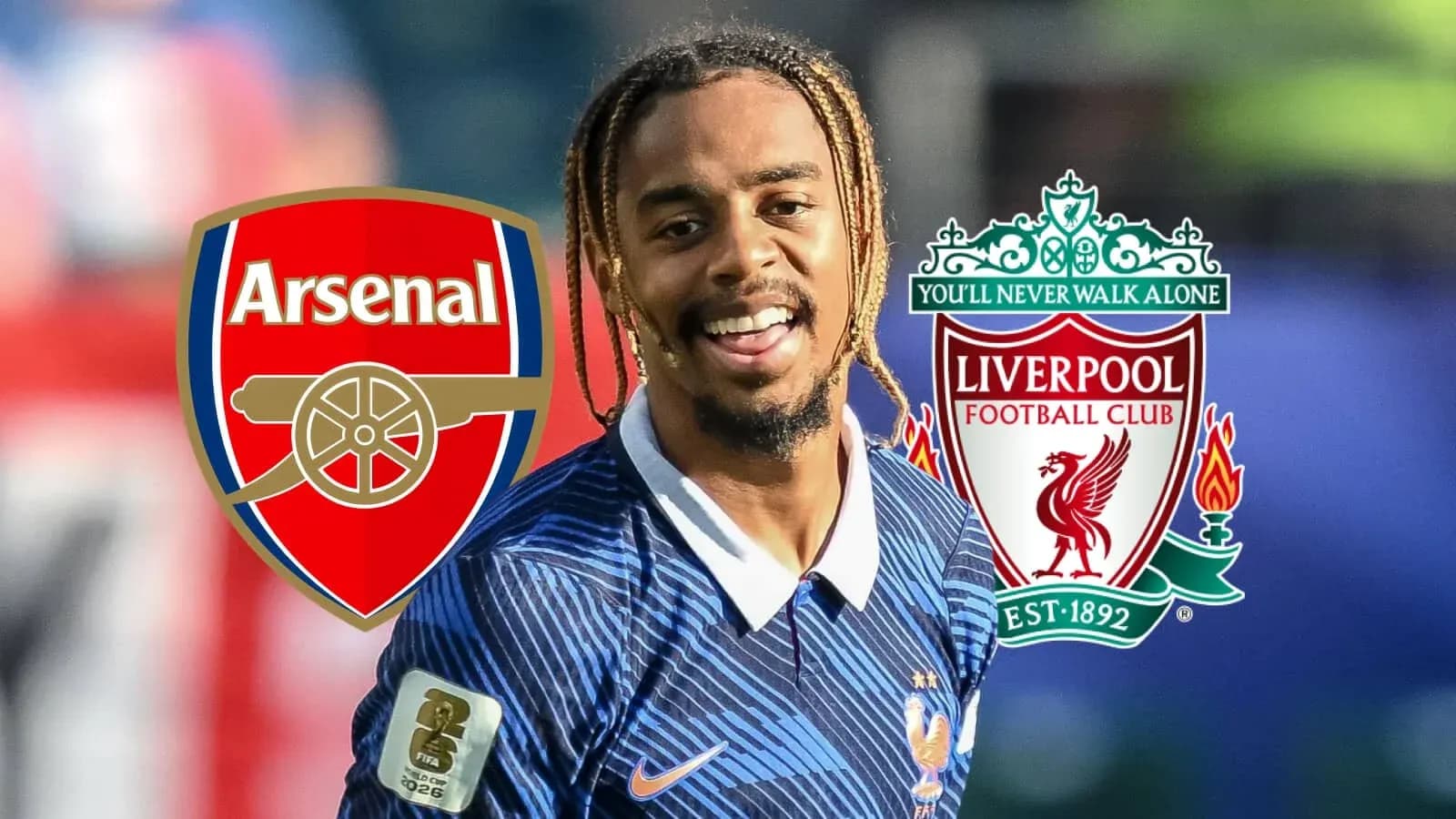 Jugador sonriendo con logotipos de Arsenal y Liverpool