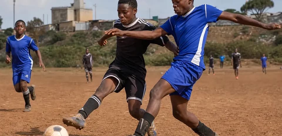 Dos jugadores luchando por el balón en campo de tierra