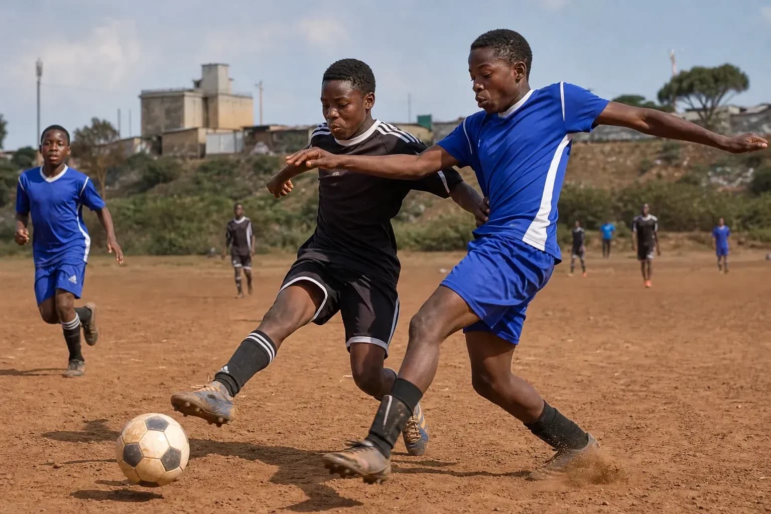 Dos jugadores luchando por el balón en campo de tierra