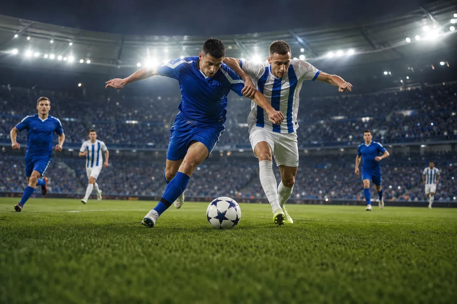 Dos jugadores luchando por el balón en el partido Dos jugadores luchando por el balón en el partido