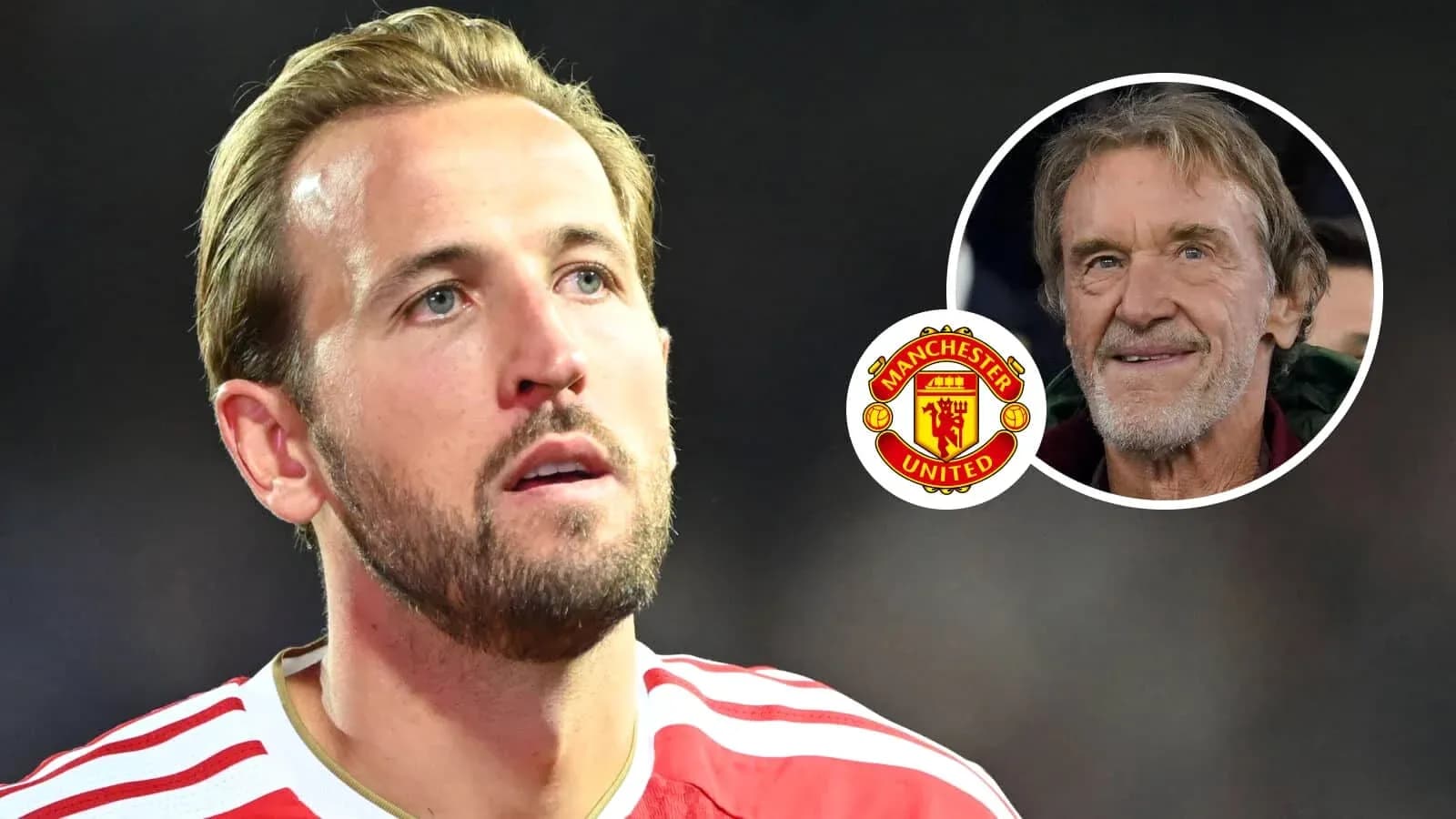 Harry Kane con logo de Manchester United y otra persona Harry Kane con logo de Manchester United y otra persona