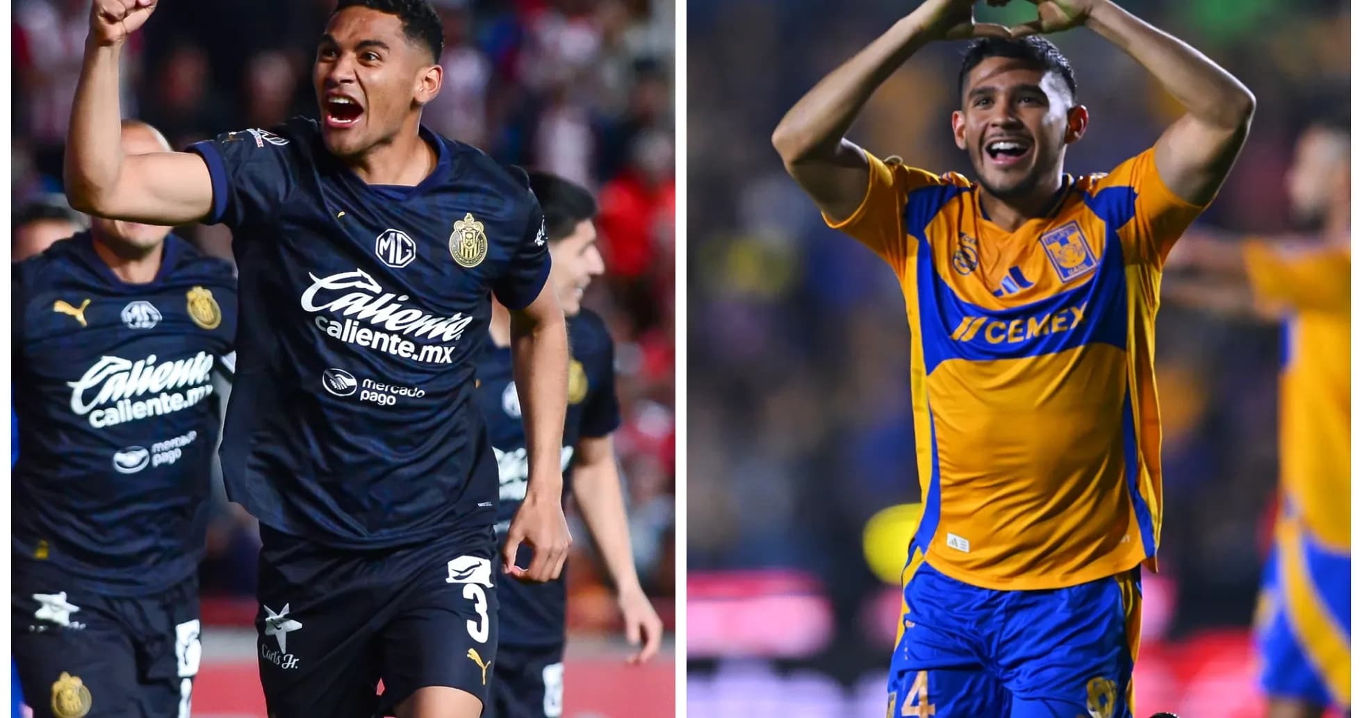 Jugadores celebrando goles de Chivas y Tigres Jugadores celebrando goles de Chivas y Tigres