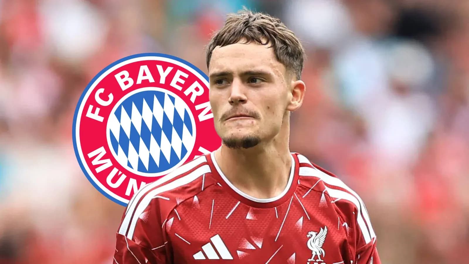 Jugador de Liverpool con logo de Bayern Múnich de fondo Jugador de Liverpool con logo de Bayern Múnich de fondo