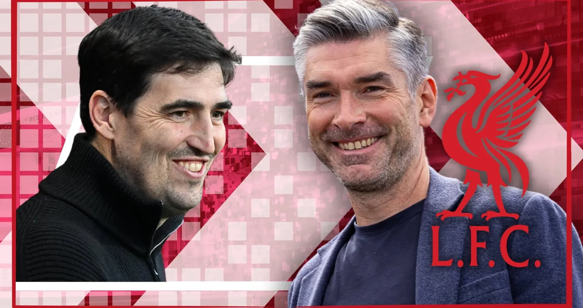 Entrenadores sonriendo con fondo de Liverpool F.C. Entrenadores sonriendo con fondo de Liverpool F.C.