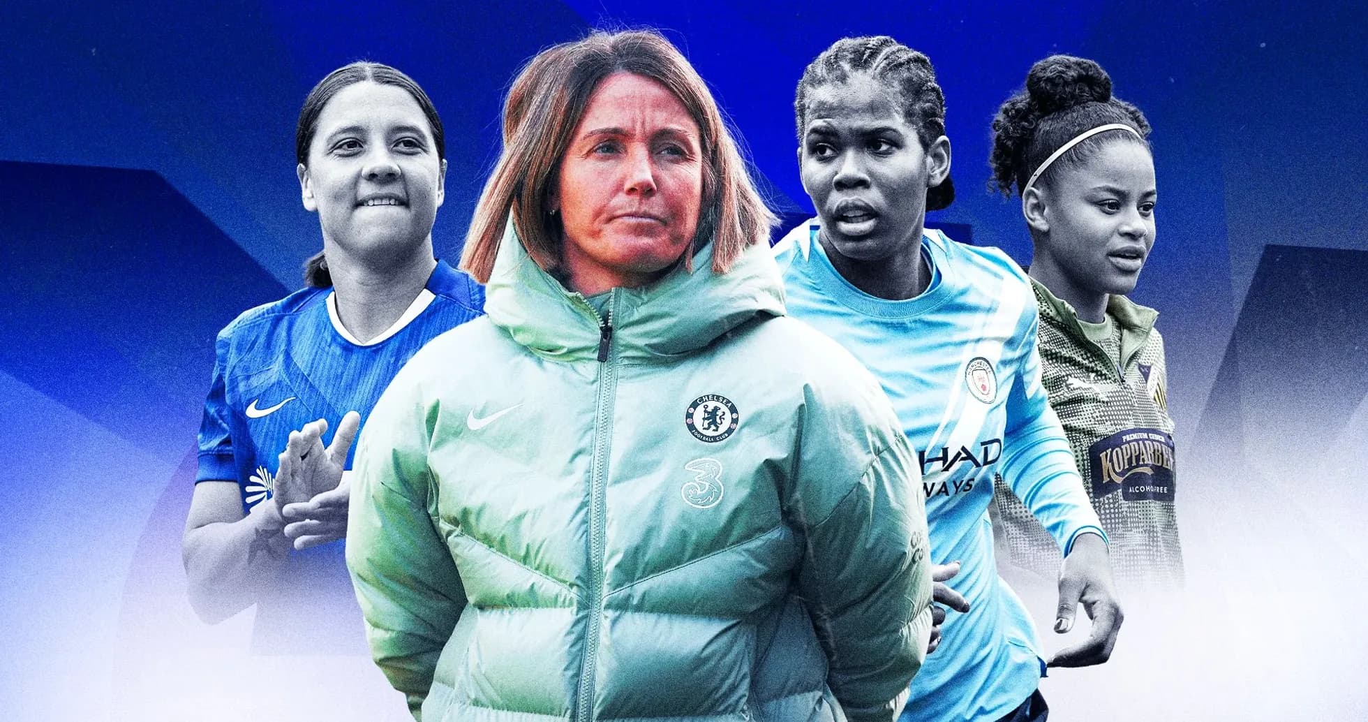 Cuatro jugadoras de fútbol y entrenadora en primer plano Cuatro jugadoras de fútbol y entrenadora en primer plano