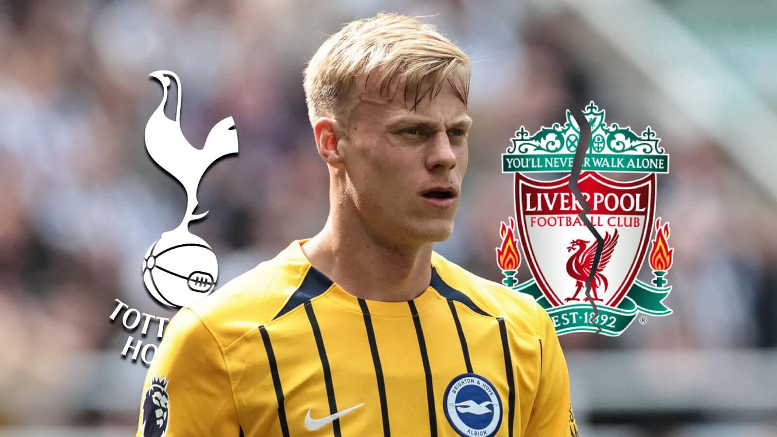 Jugador con camiseta de Brighton, logos de Tottenham y Liverpool Jugador con camiseta de Brighton, logos de Tottenham y Liverpool
