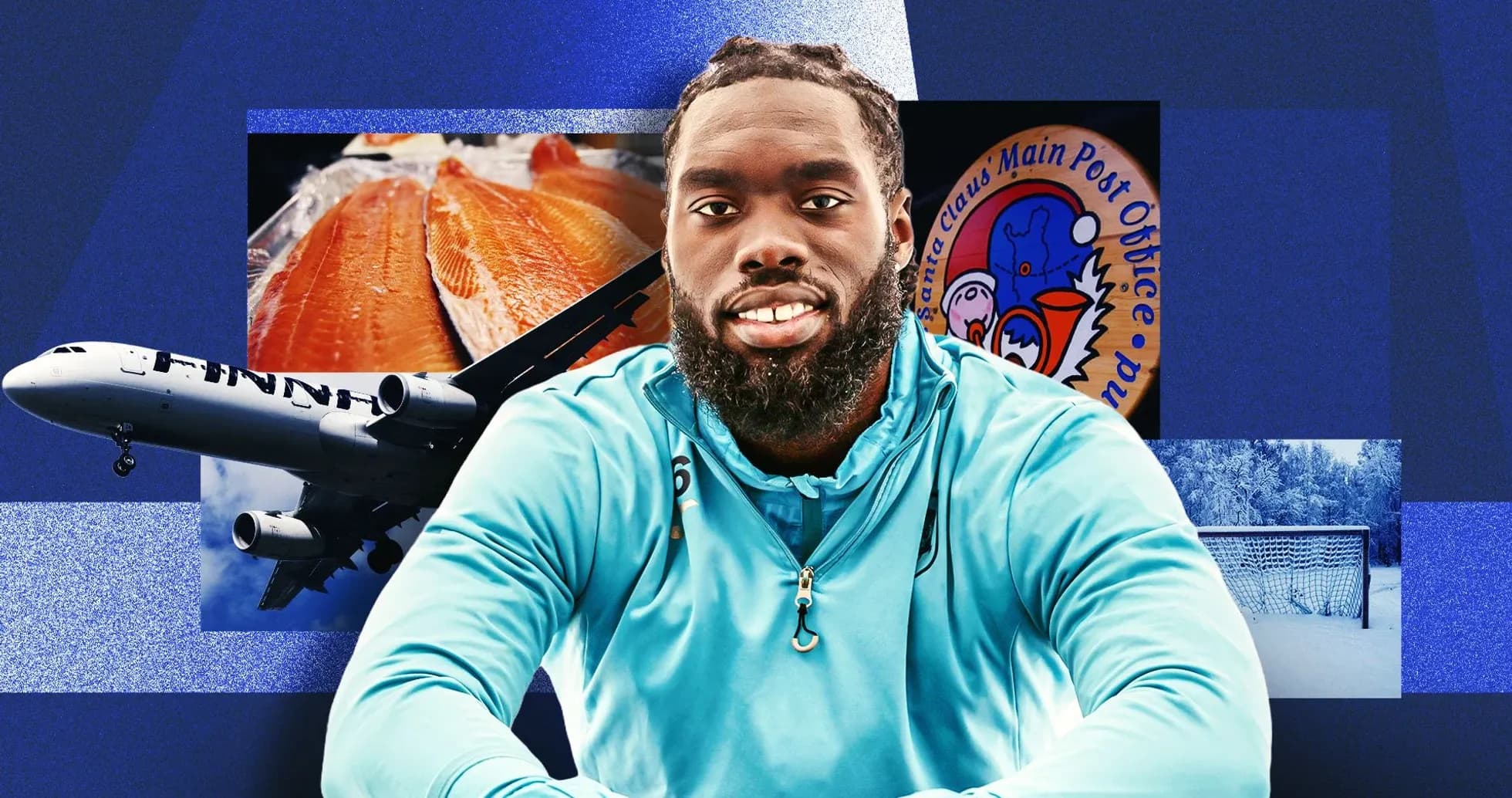 Jugador sonriendo con fondo de avión y salmón Jugador sonriendo con fondo de avión y salmón