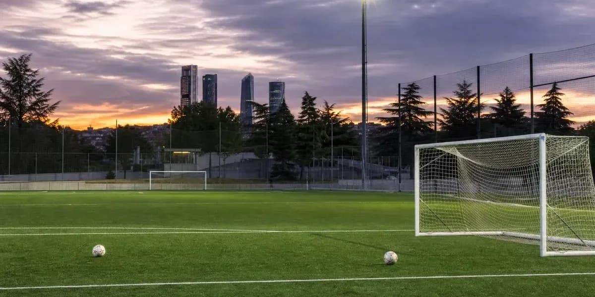 Campo de fútbol con balón y edificios al fondo Campo de fútbol con balón y edificios al fondo