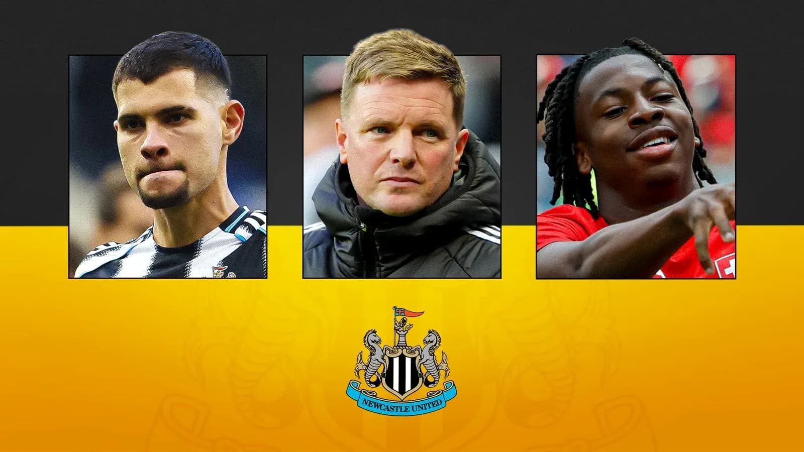 Jugadores y entrenador de Newcastle United en collage Jugadores y entrenador de Newcastle United en collage