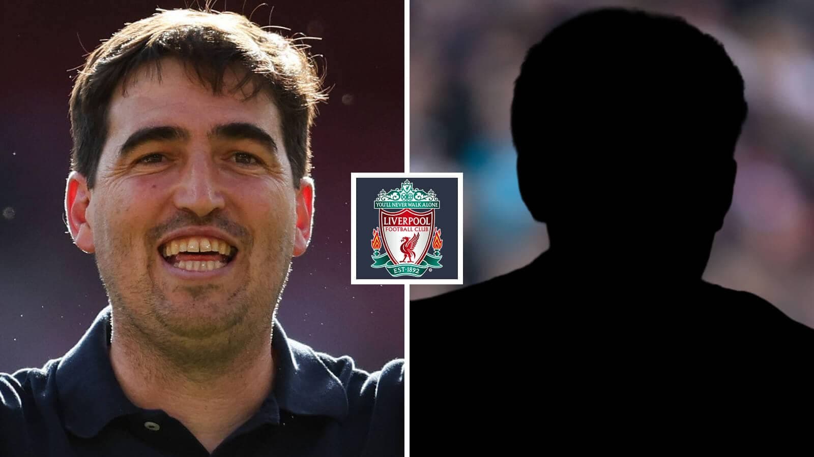 Entrenador sonriente junto al logotipo de Liverpool Entrenador sonriente junto al logotipo de Liverpool
