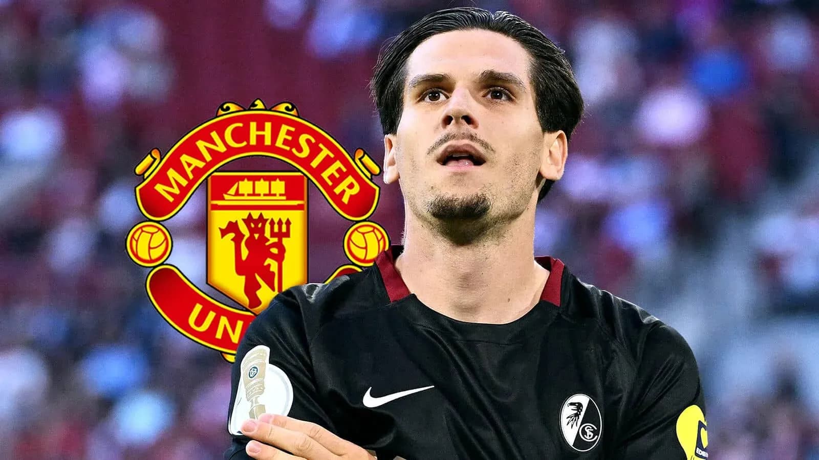 Jugador en uniforme de fútbol con logo de Manchester United Jugador en uniforme de fútbol con logo de Manchester United