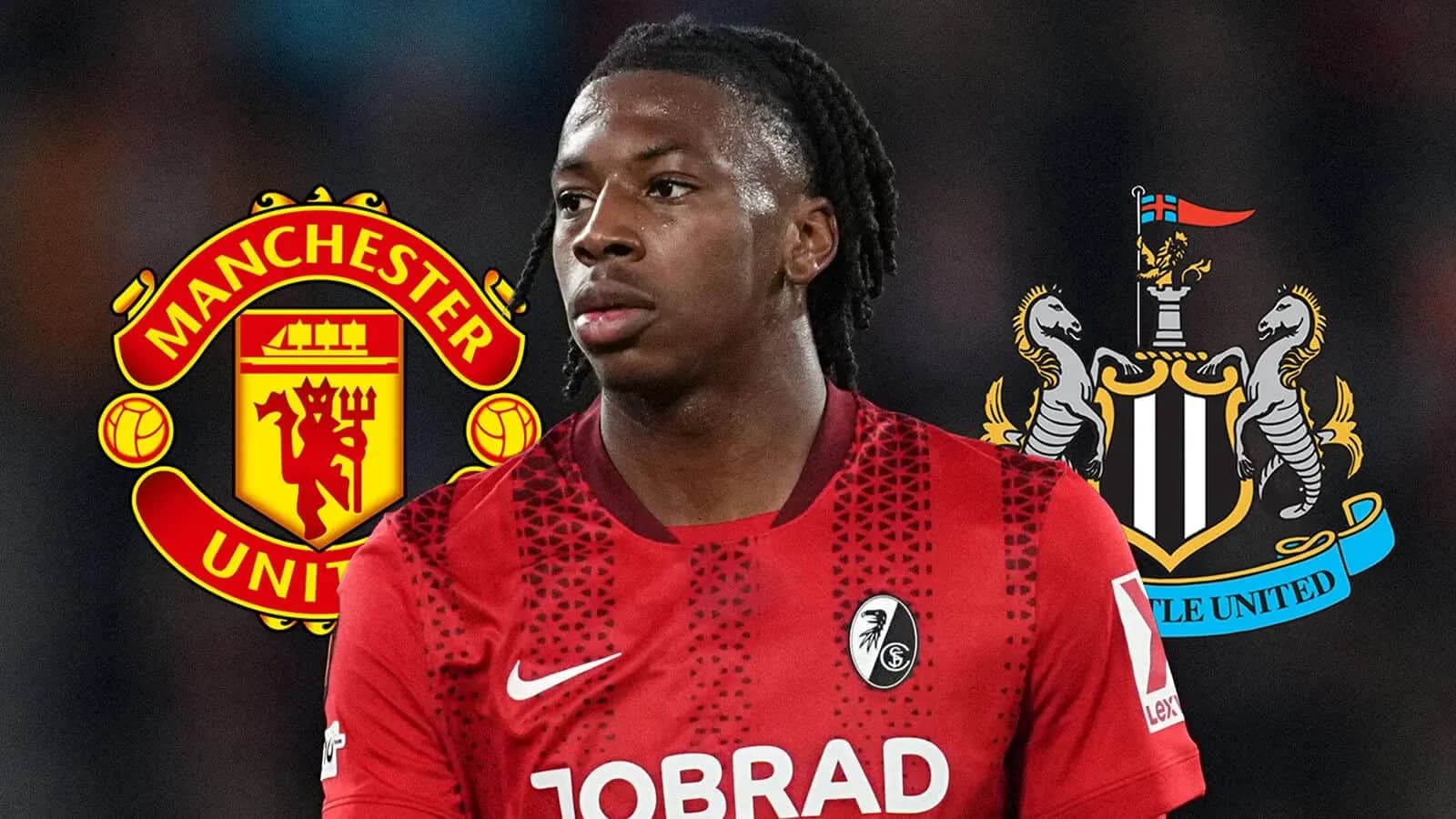 Jugador de fútbol con logos de Manchester y Newcastle Jugador de fútbol con logos de Manchester y Newcastle