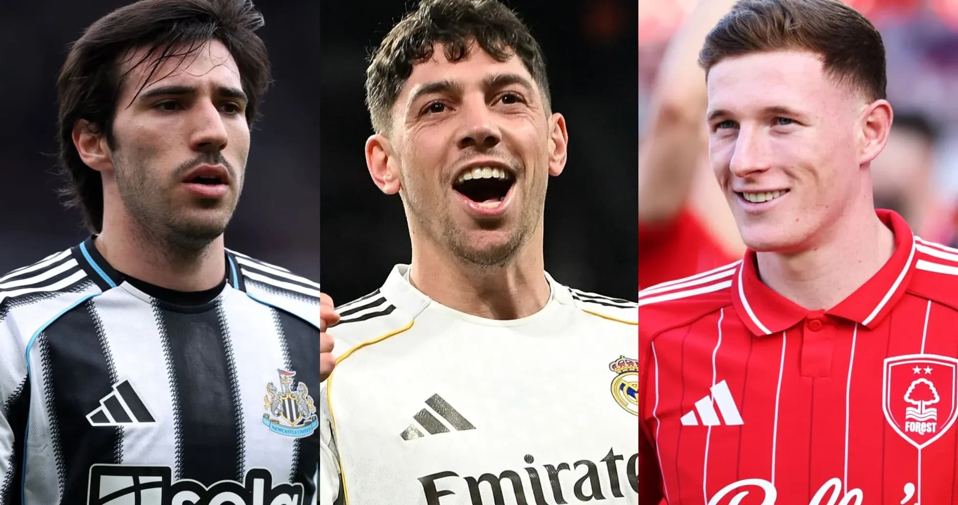 Tres jugadores de fútbol en diferentes camisetas de equipos Tres jugadores de fútbol en diferentes camisetas de equipos