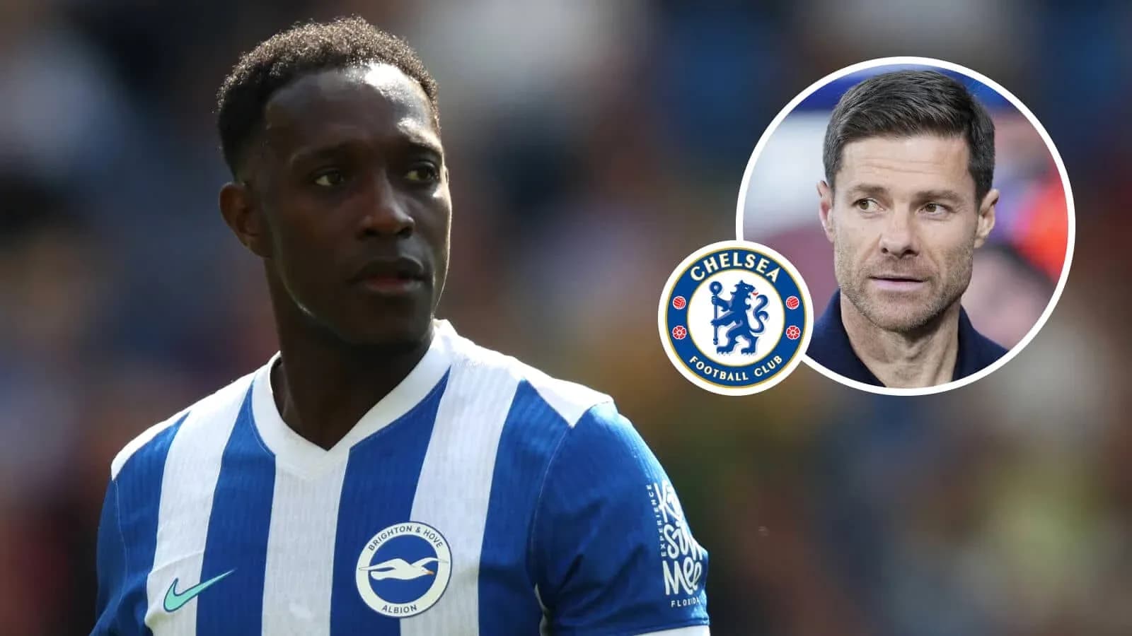 Jugador de Brighton en primer plano con logos de Chelsea Jugador de Brighton en primer plano con logos de Chelsea