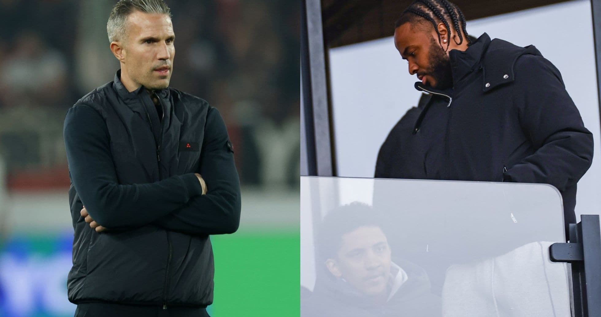 Entrenador y jugador observando el partido desde palco Entrenador y jugador observando el partido desde palco