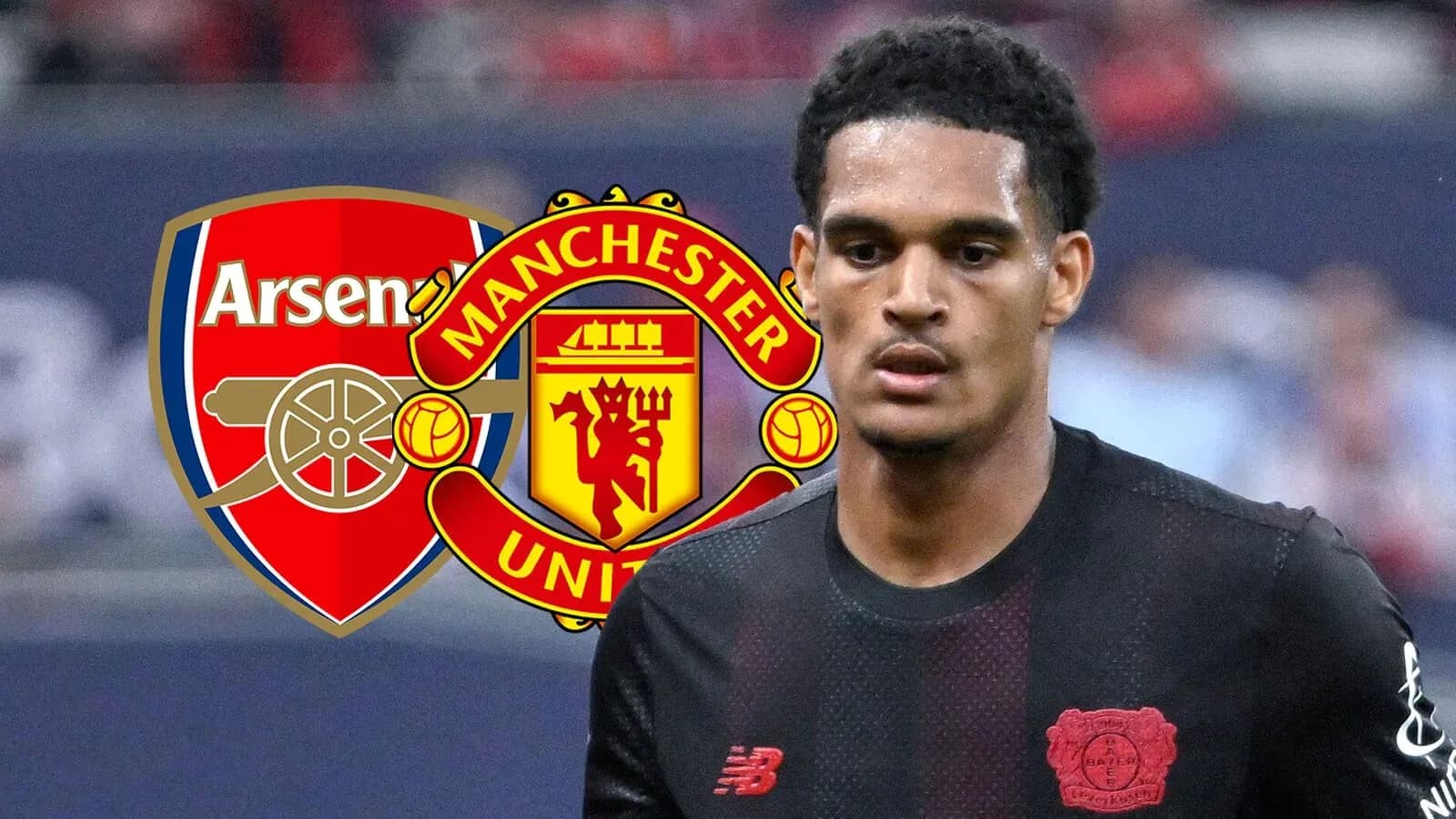 Jugador con camiseta negra frente a logotipos de Arsenal y Manchester United Jugador con camiseta negra frente a logotipos de Arsenal y Manchester United