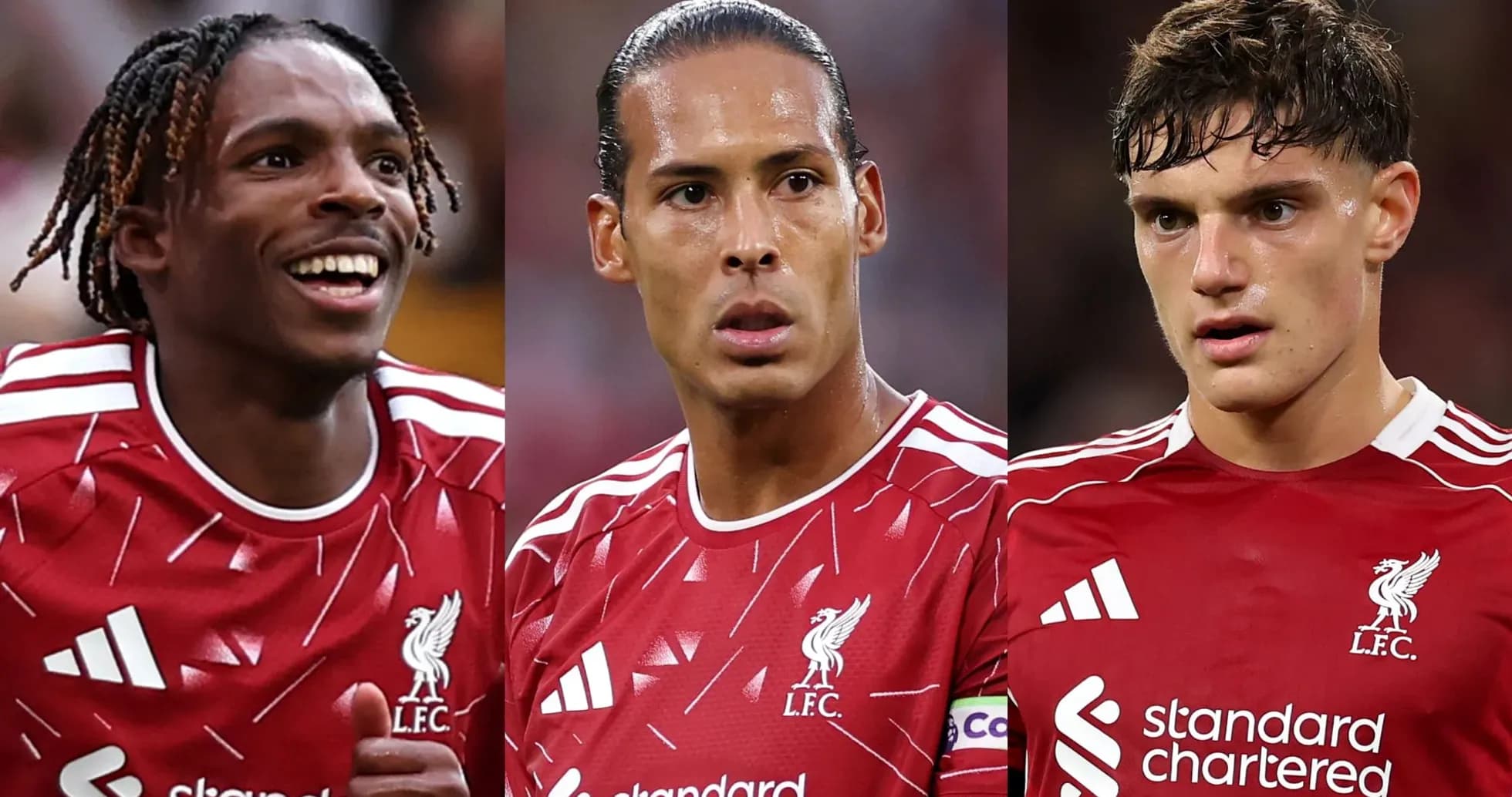 Tres jugadores de Liverpool en uniforme rojo Tres jugadores de Liverpool en uniforme rojo