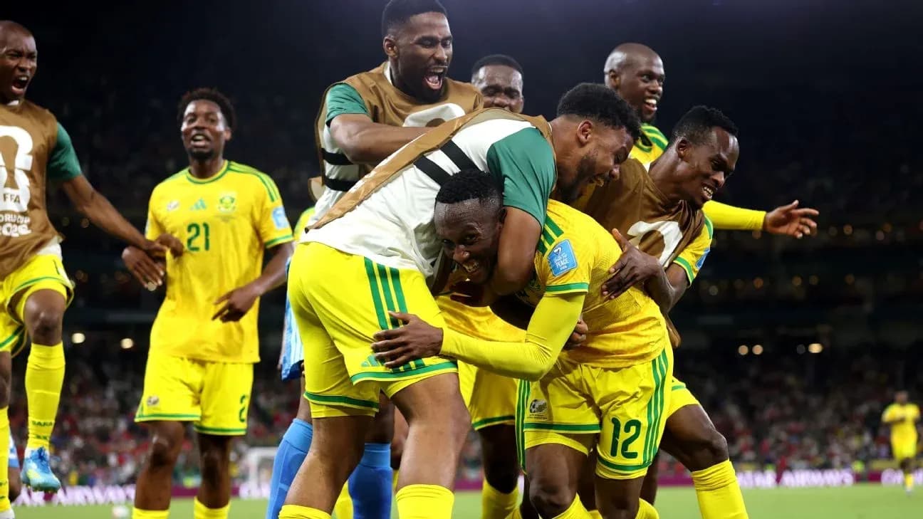 Jugadores de Sudáfrica celebrando un gol en partido Jugadores de Sudáfrica celebrando un gol en partido