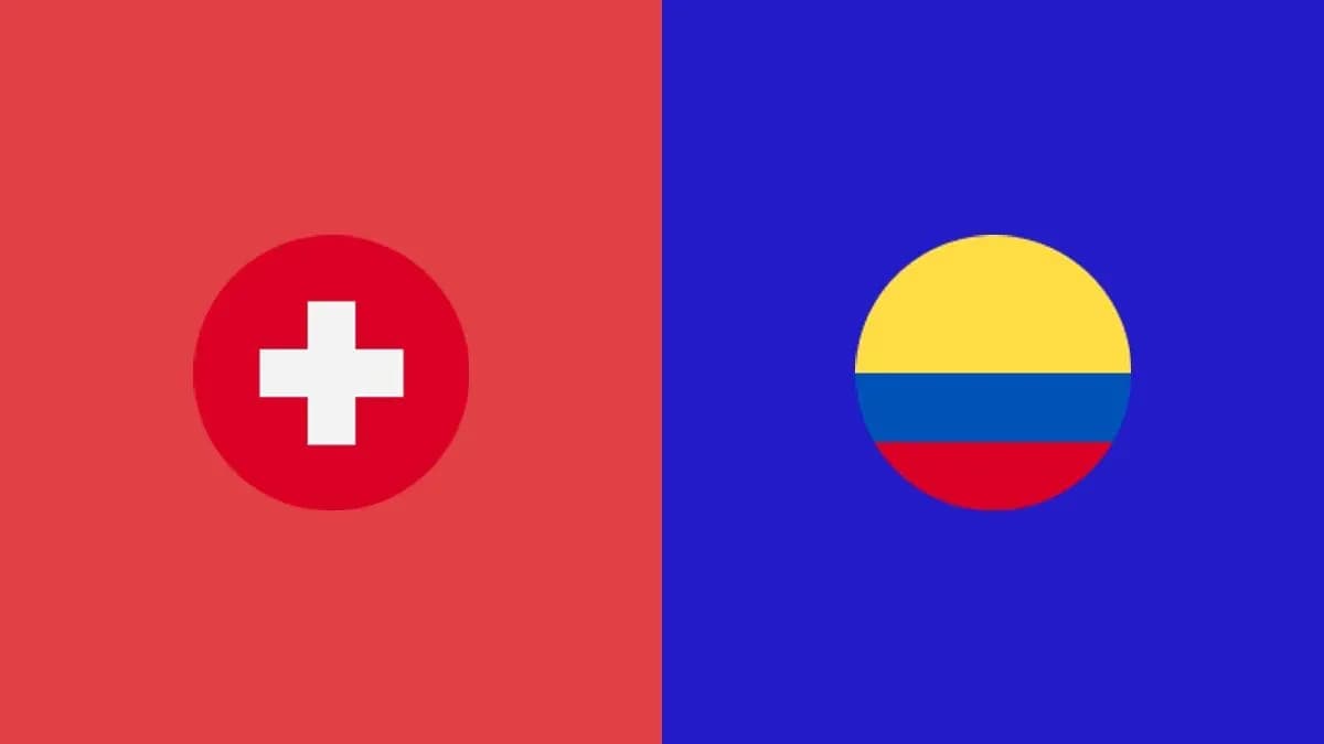 Banderas de Suiza y Colombia en fondo de colores Banderas de Suiza y Colombia en fondo de colores