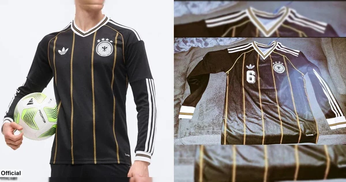Jugador sosteniendo balón con camiseta negra de Alemania Jugador sosteniendo balón con camiseta negra de Alemania