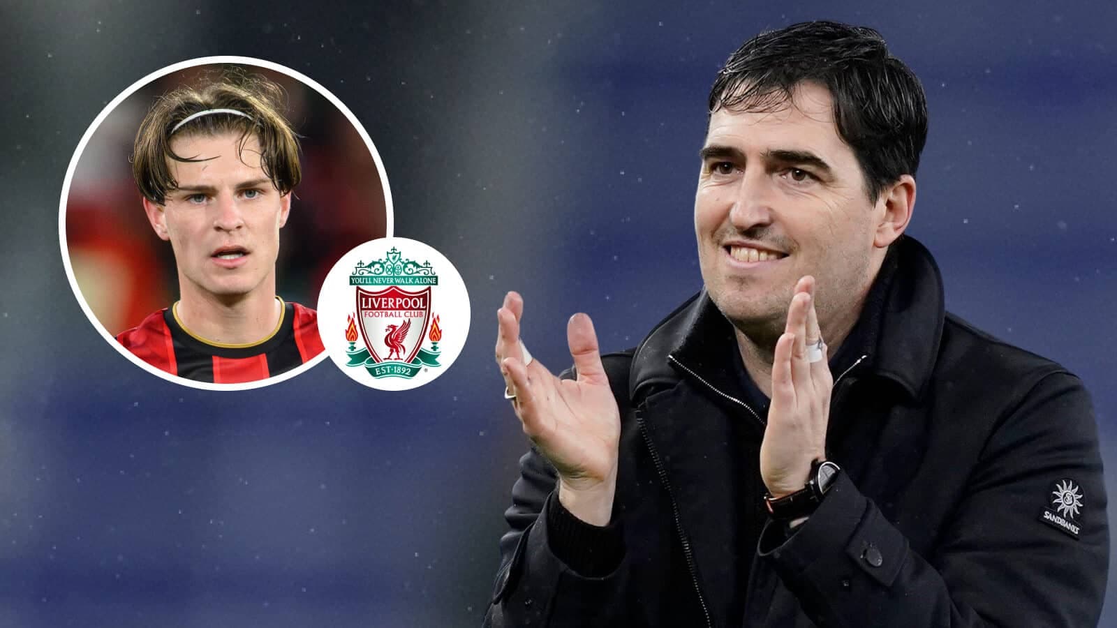 Entrenador aplaudiendo con imagen de jugador y logo de Liverpool Entrenador aplaudiendo con imagen de jugador y logo de Liverpool