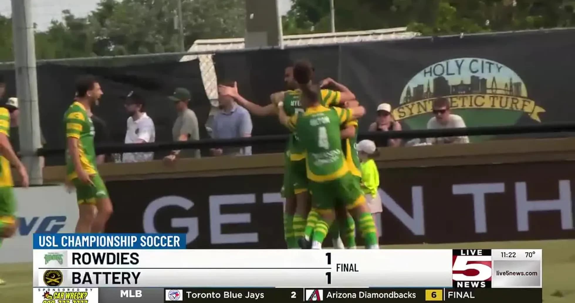 Jugadores celebrando un gol del Rowdies Jugadores celebrando un gol del Rowdies