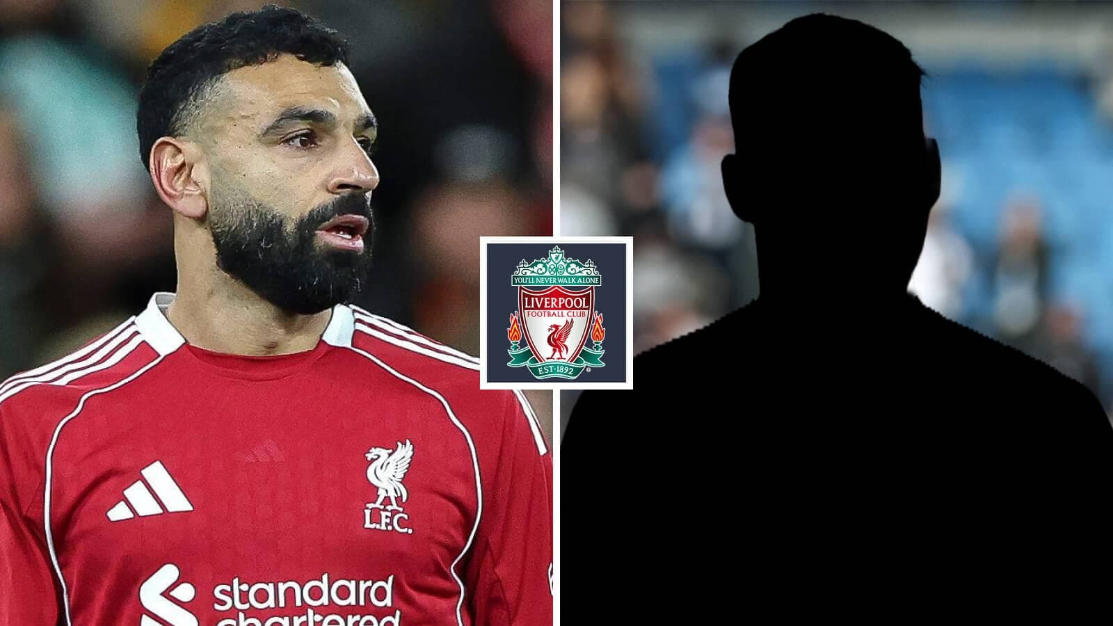 Mohamed Salah en uniforme de Liverpool con silueta al lado Mohamed Salah en uniforme de Liverpool con silueta al lado