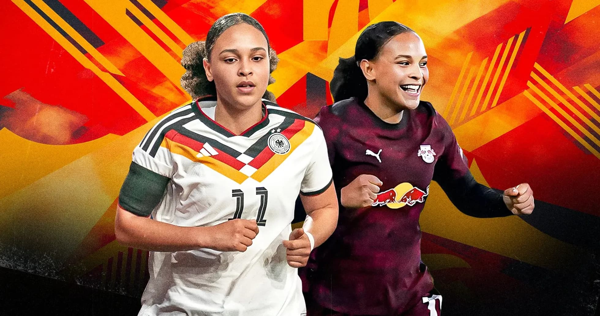 Jugadoras de fútbol en uniformes de competición Jugadoras de fútbol en uniformes de competición