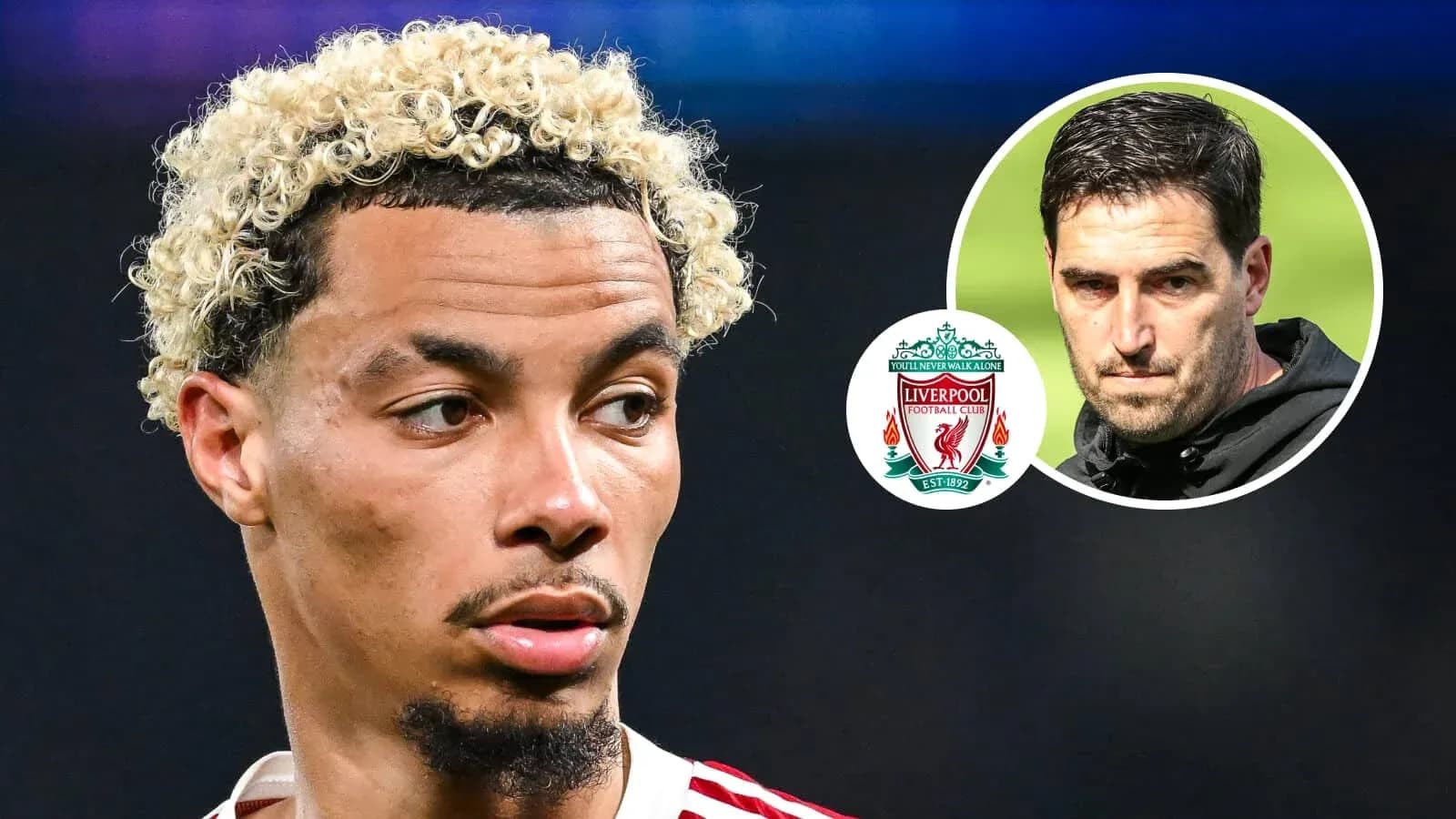 Jugador con cabello rizado y logo de Liverpool Jugador con cabello rizado y logo de Liverpool