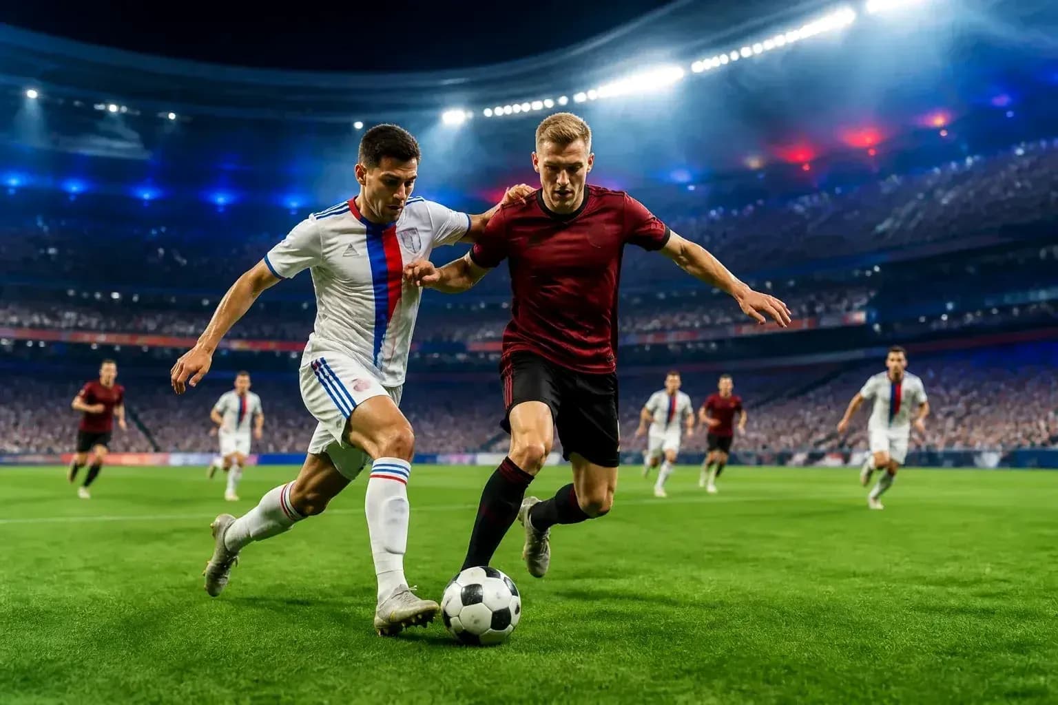Dos jugadores compitiendo por el balón en el partido Dos jugadores compitiendo por el balón en el partido