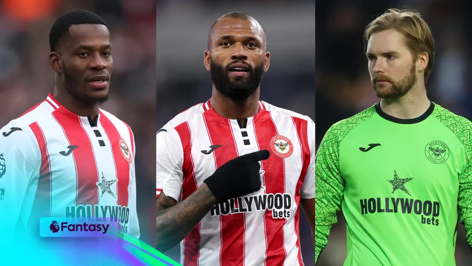 Tres jugadores de Brentford en uniforme de equipo Tres jugadores de Brentford en uniforme de equipo