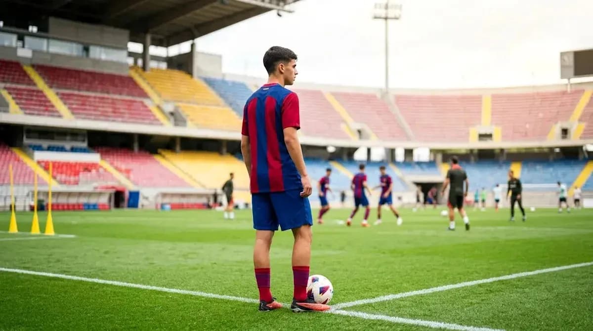 Jugador de fútbol en la esquina del campo durante entrenamiento Jugador de fútbol en la esquina del campo durante entrenamiento