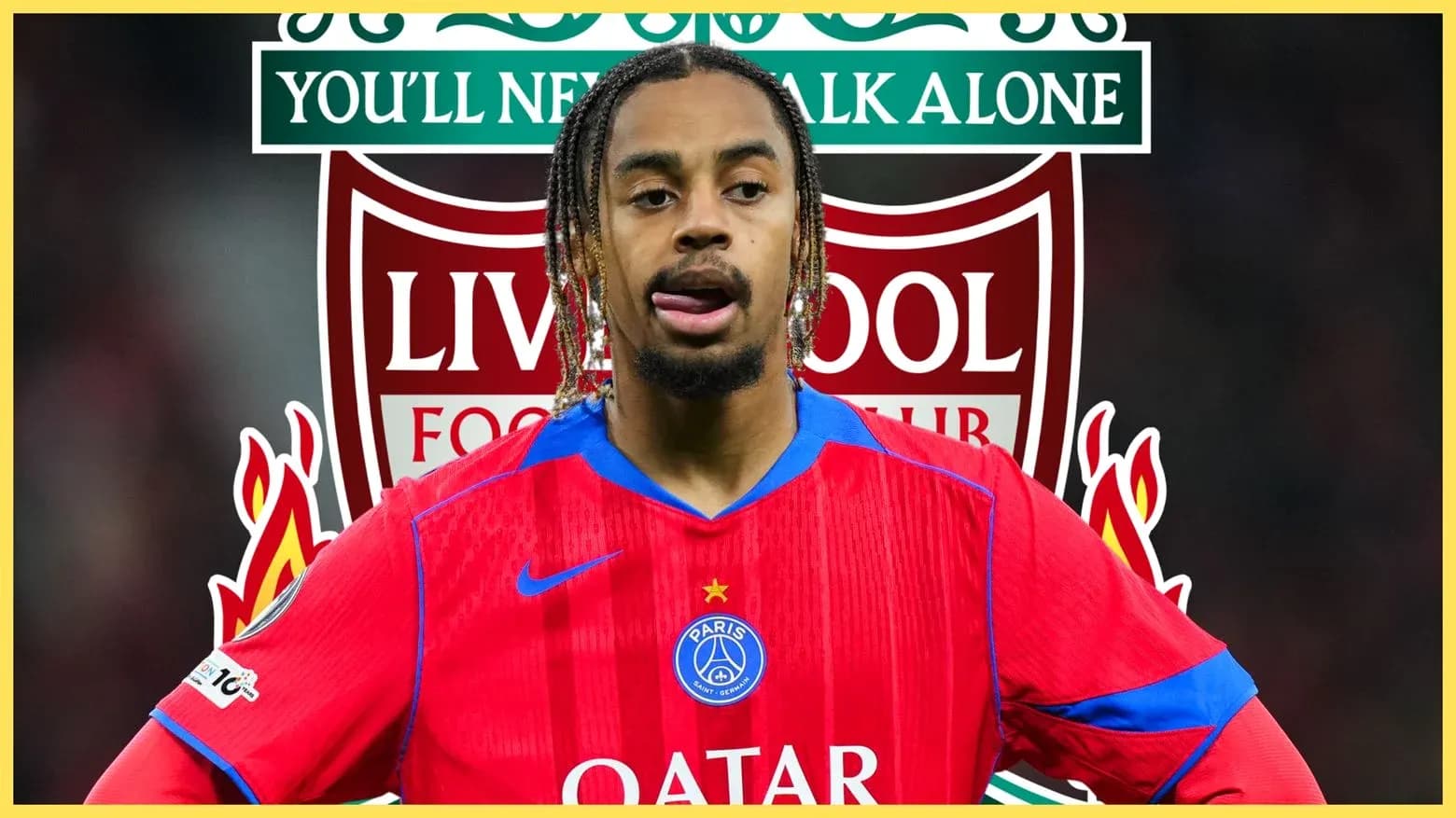 Jugador con camiseta del PSG frente al escudo de Liverpool Jugador con camiseta del PSG frente al escudo de Liverpool